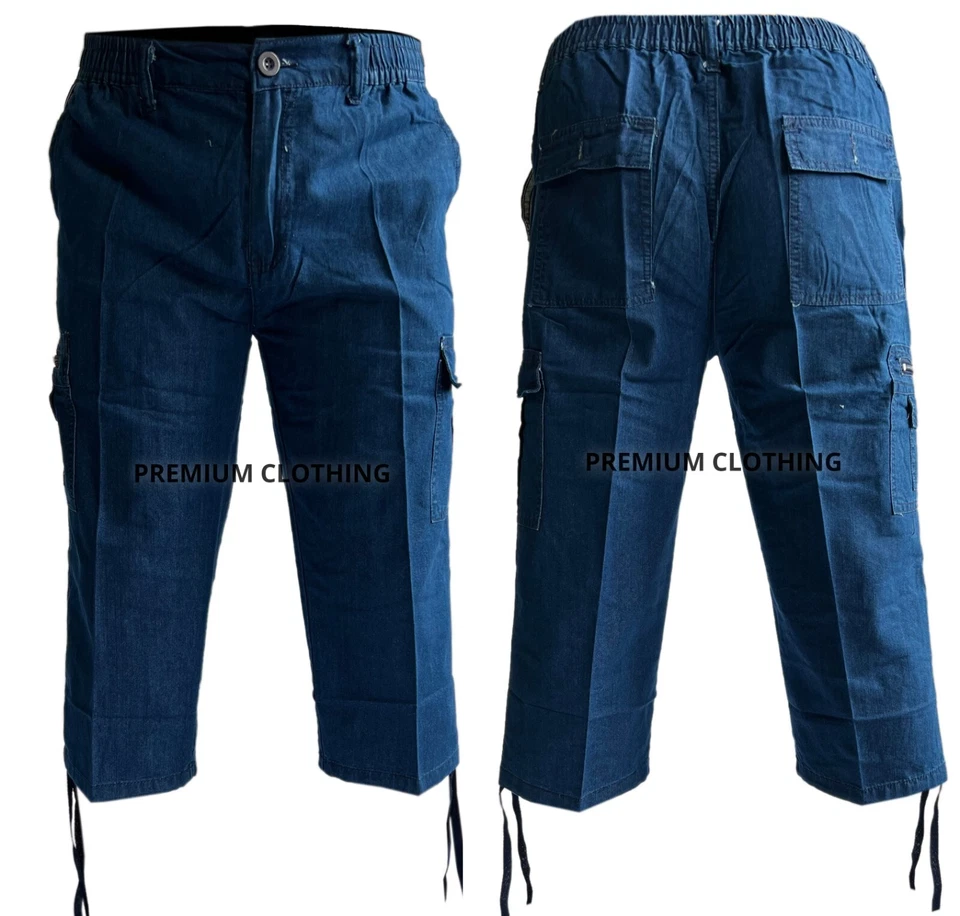 Mens DENIM 3/4 Elasticated Long Length Shorts Waist Cargo Combat Three Quarter - Image 1 of 1