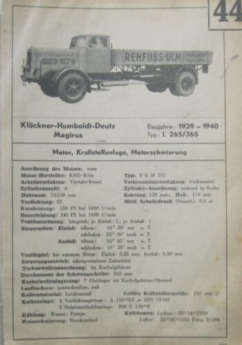 Klöckner Humboldt Deutz Magirus L 265 365 1939-40 Datenblatt Typenblatt  Wartung - Picture 1 of 1