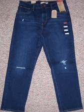LEVI'S Blue Denim 724 High Rise Slim Straight Crop Distressed Jeans 14 W32 NWT