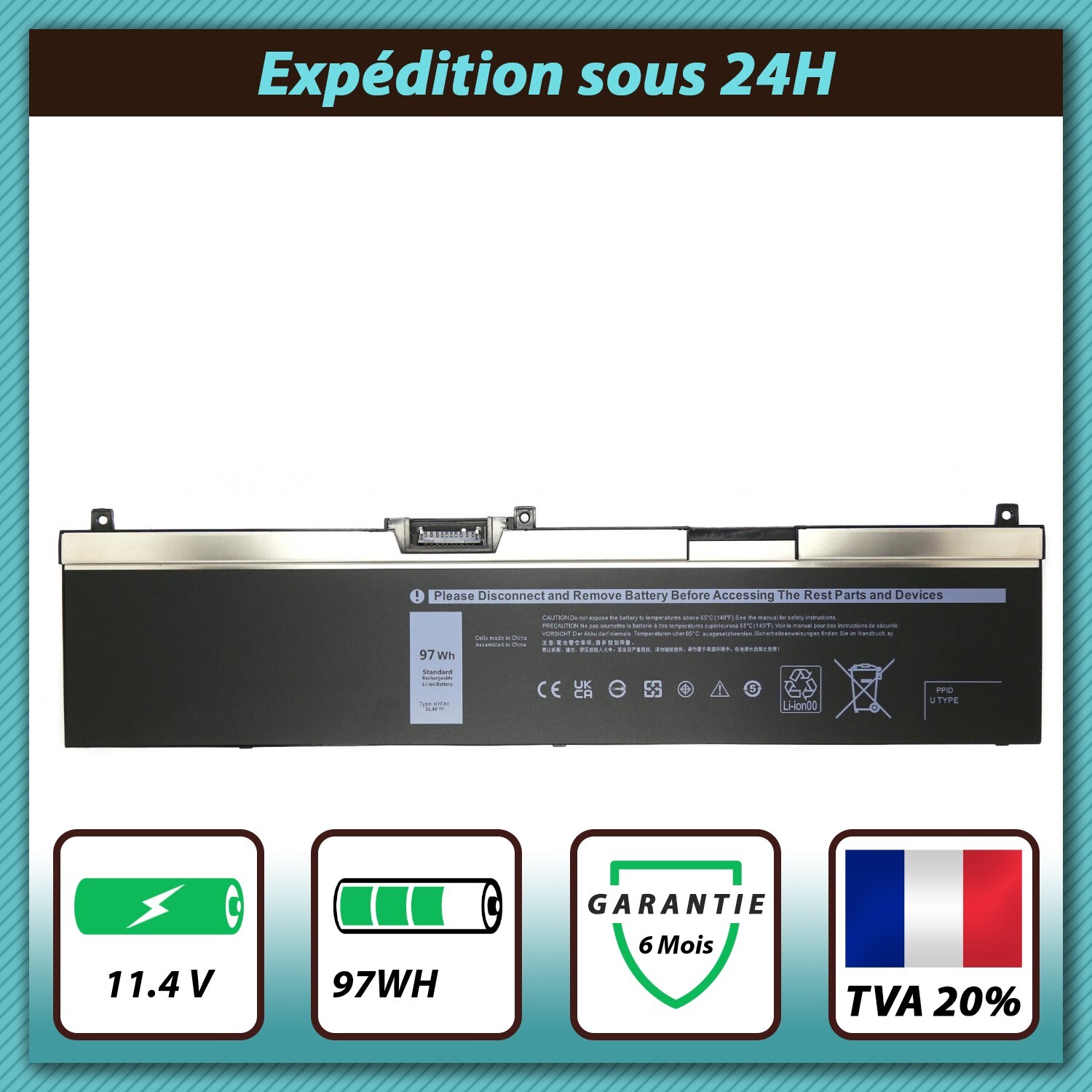 Batterie Dell Precision 00WNRC pour résoudre les problèmes d'extinction soudaine 97Wh