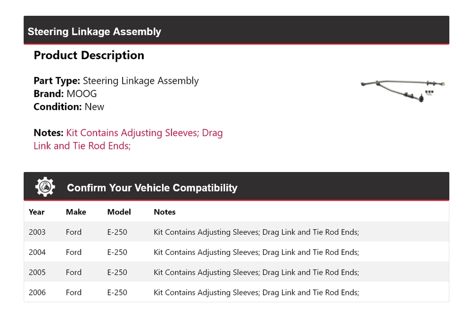 Conjunto de acoplamiento de dirección para Ford E-250 2003-2006 MOOG 2003 2004 2005 2006 Foto 2 de 4