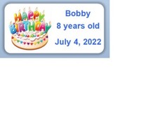 25 CUSTSOM MADE BIRTHDAY STICKERS WITH CHILDS NAME, AGE AND BIRTHDAY DATE