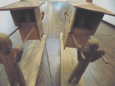 Vtg Lot Chinese Mini Palanquin 2 Figures Sedan Chair Wooden Litter