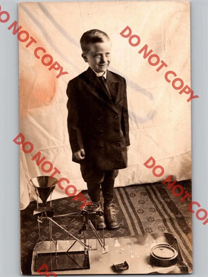 #ad c1910 Cute Boy w Antique Wolverine Sand Andy Crane Toy Unusual RPPC Real Photo $39.99