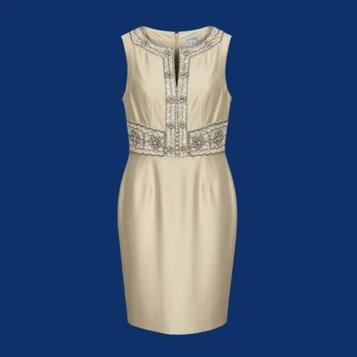 Vestido Vintage Kay Unger Seda Cruda Adornado Cuentas Talla 2 Champagne Cintura Imperio HK - Imagen 1 de 4