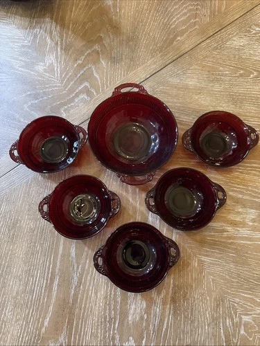 Anchor hocking 5 RUBY RED DEPRESSION GLASS Berry BOWLS W/HANDLES 1 Salad Bowl