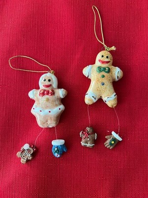2 Ceramic 2'' Gingerbread 1 Boy and 1 Girl Ornaments with Dangles
