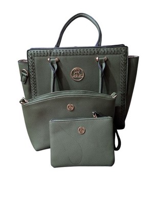 3-Piece Olive Green Tote Bag Purse Makeup Bag & Wristlet Set By Bella Rose NWOT