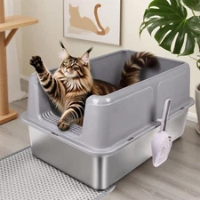 XL Stainless Steel Cat Litter Box Extra Large Litter Pan High Side w/ Scoop Mat