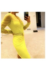 Versace Yellow Mesh Bodycon Midi Dress Ruched Beaded Logo Long Sleeve Size 42