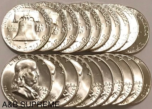 ROLL (20) 1956 FRANKLIN HALF DOLLAR “STUNNING GEMS” BU UNCIRCULATED 90% SILVER