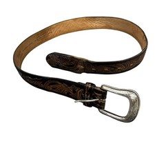 Men's Tony Lama Tooled Brown Leather Western Belt w Large Buckle Made in USA 38 