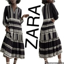 (B4) ZARA MIDI EMBROIDERY LONG SLEEVE BLACK DRESS S22 SIZES XS REF.4786/066