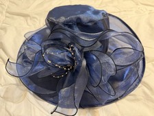 YAYILU Blue Organza Wide Brim Hat with Decorative Flower Accent