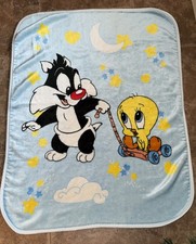 Vintage Baby Looney Tunes Sylvester Tweety Bird Minky Plush Crib Blanket 1999