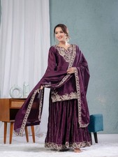 Heavy Chinon Silk Wine Top Palazzo With Dupatta For Functional Wear