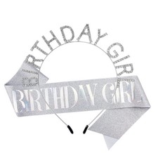 Birthday Girl Tiara Crown Sash Set Silver Rhinestone Adjustable Headband