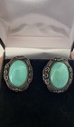Antique Vintage Chinese Export Large Oval Cabochon Turquoise Filigree Earrings