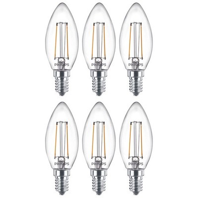 6 x Philips LED Filament Lampen Kerzen 2W = 25Watt E14 klar 250lm warmweiß 2700K