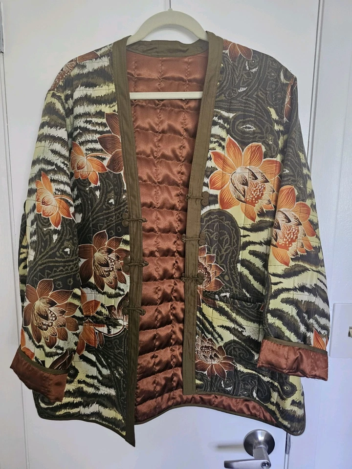 女式花卉图案丝绸和服式夹克 Xl — 第 4/4 张图片