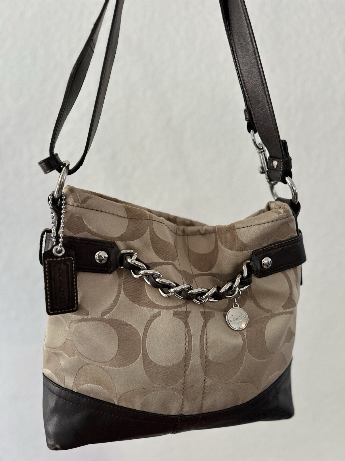 Coach Signature Canvas Chain Hobo Cross Body Bag