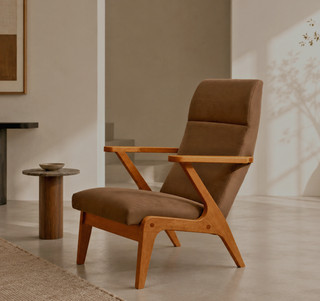 Sillón de diseño Mid Century años 60 70 estilo salón reposabrazos retro terciopelo marrón madera