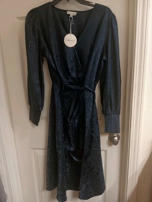 Chenault Dress Women's Medium Blue Wrap Style Silky Embossed Floral Indie Sleeze