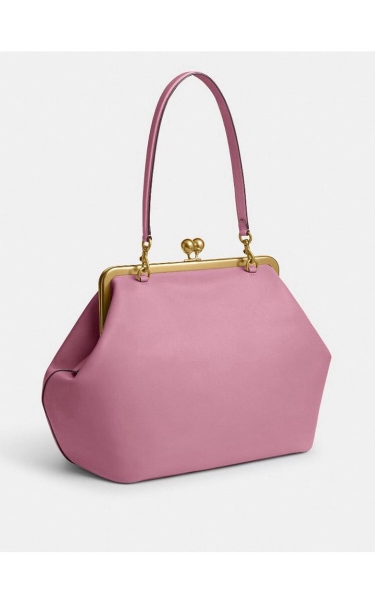 バッグ COACH Signature Kiss Lock Tote Bag Pink NWT Coach Large Kiss Lock Frame Shoulder Bag Pink Gold Hardware