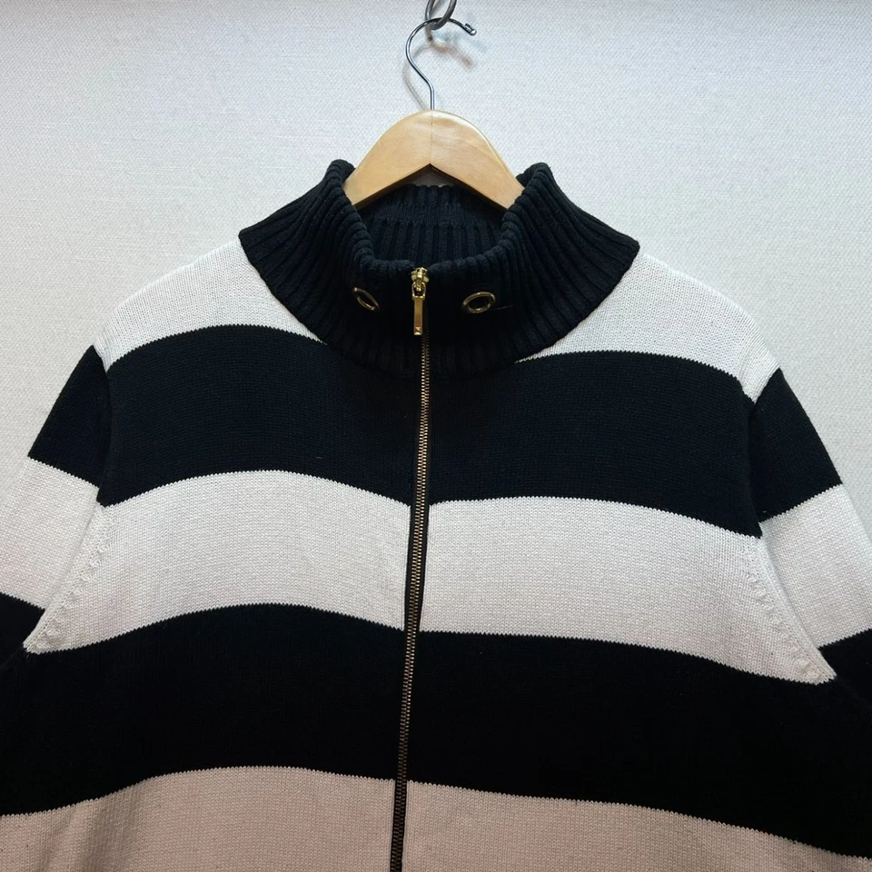 Chaps 女式全拉链毛衣尺寸 3X 黑色白色条纹罗纹针织模拟领 Y2K — 第 3/4 张图片