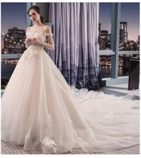 3D Flowers Floral Off Shoulder Wedding Dress Bridal Gown White 1.5m train