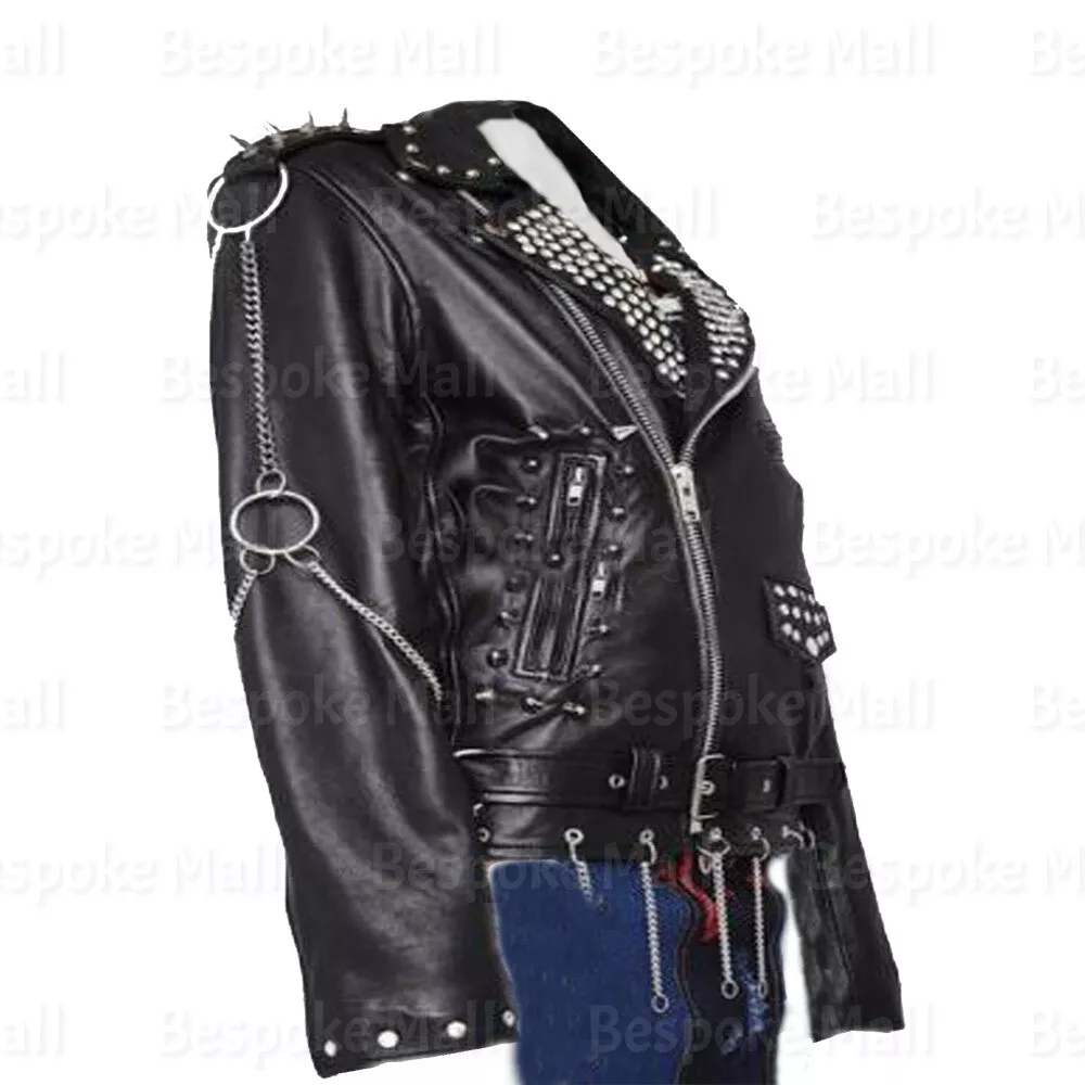 New Woman Black Punk Long Spiked Studded Chains Cowhide Biker Leather  Jacket-17