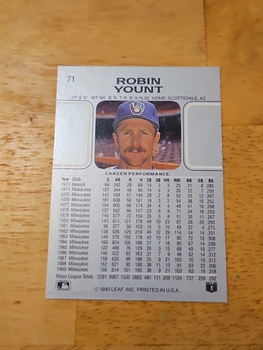 1990 LEAF BASEBALL CARD ROBIN YOUNT #71 - Picture 2 of 2