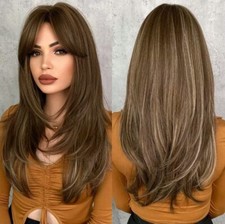 Wig - Human Hair Blend - Long Straight Layered Dark Brown Bangs Heat Resistant