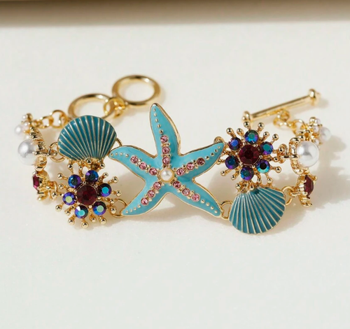 Gold Tone Charm Bracelet Seashell Starfish Beach Ocean Blue Theme 7.5” - Picture 2 of 8