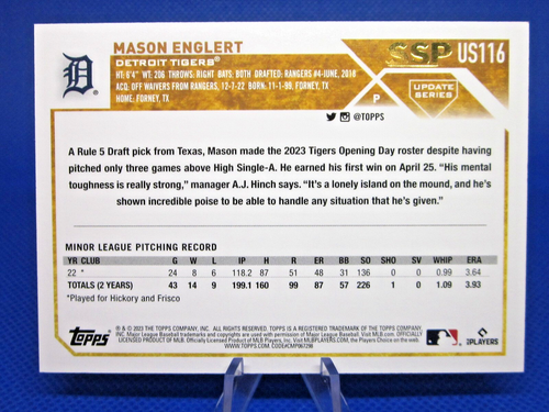 2023 TOPPS UPDATE #US116 MASON ENGLERT SSP GOLDEN MIRROR VARIATION TIGERS RC - Picture 2 of 2