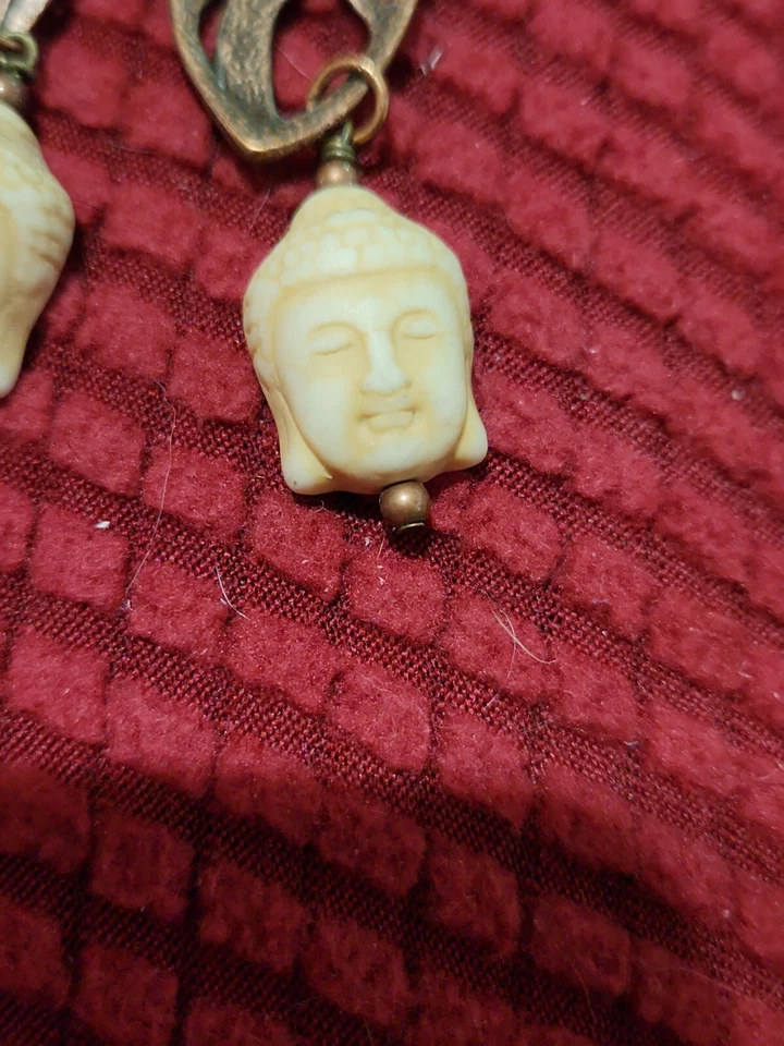 Rustic Bohemian Stone Buddha Face Tribal Gypsy Artisan Drop Earrings  - Image 3 of 4