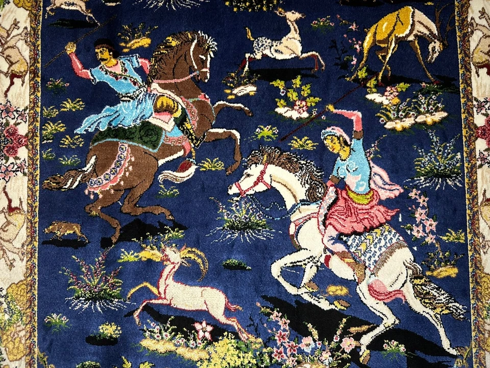 Alfombra de seda de alta calidad colgante de pared alfombra de caza de seda ilustrada alfombra 90 x 60 cm Foto 3 de 4