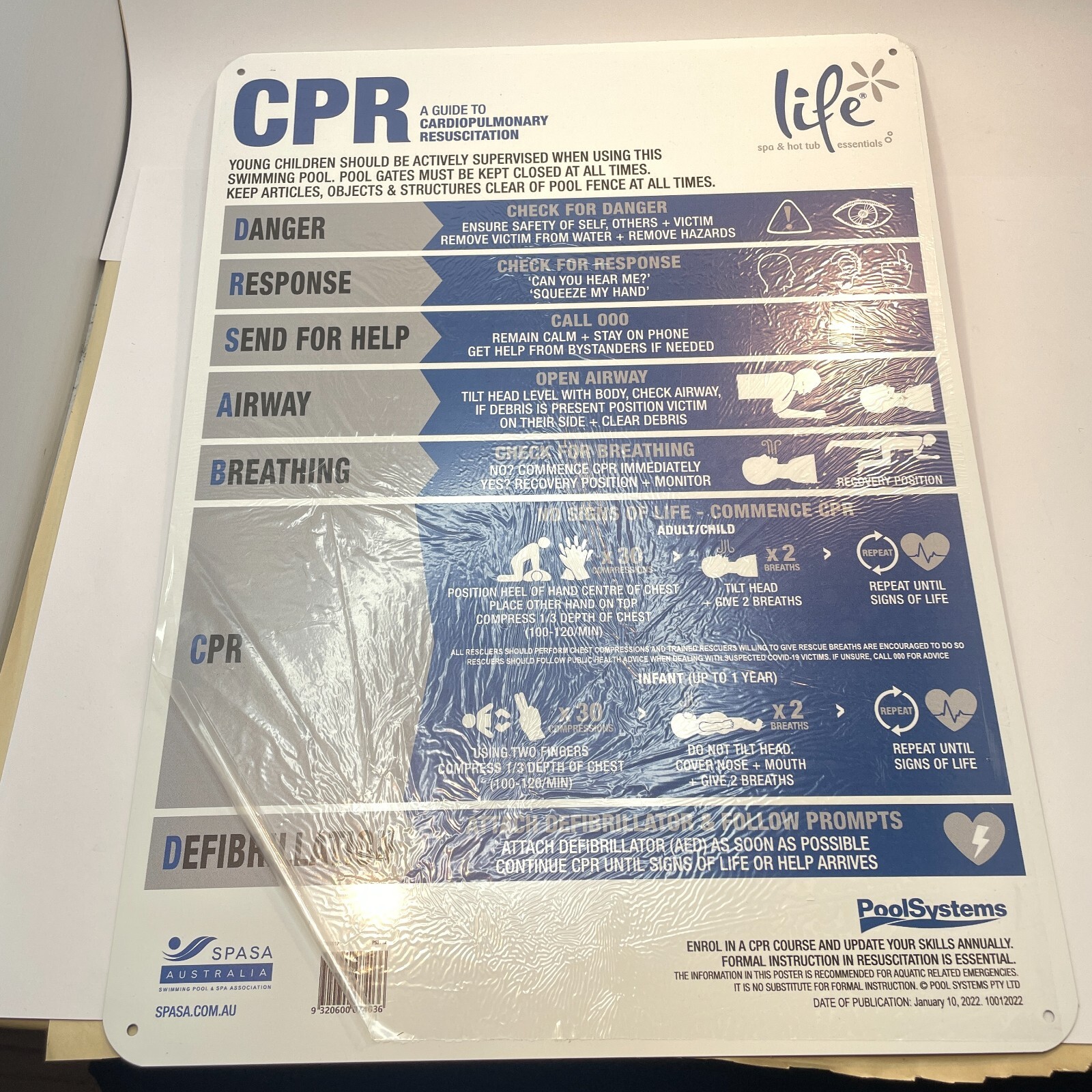 CPR Sign Metal Life Spa Pool Finish Outdoor Resuscitation SPASA