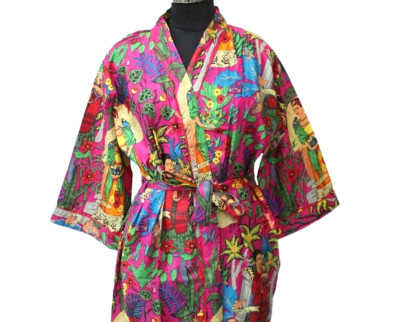 Indian Woman's Farida Kahlo Kimono Nightwear Long Gown Pink Beach Bath Robe Boho