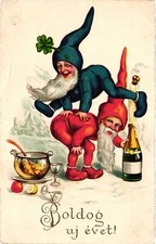 Gnomes, Acrobatic Gnomes with Champagne, New Year, Vintage Postcard