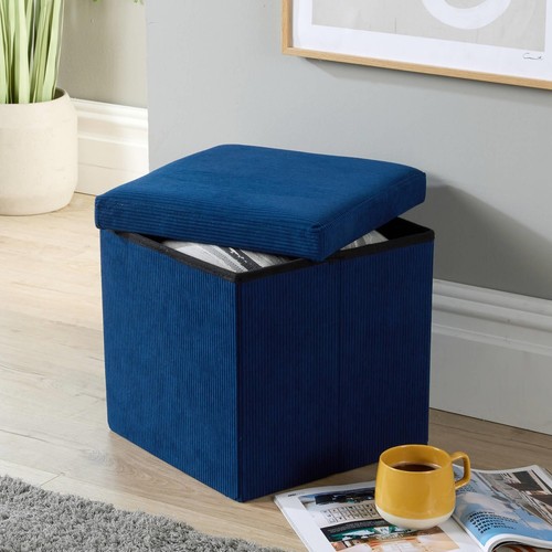 Folding Ottoman Chest Corduroy Blue Fabric Solid Space Saving Storage Square Box - Picture 2 of 7