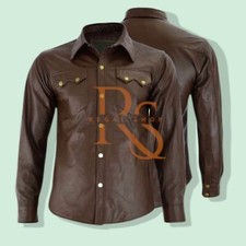 Men  s Brown Leather Shirt   Casual Style  Real Soft Lambskin Leather Button-Up
