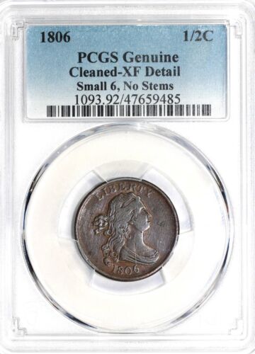 1806 1/2c C-1 Small 6, No Stems Draped Bust Half Cent PCGS XF Details Cleaned - Picture 3 of 5