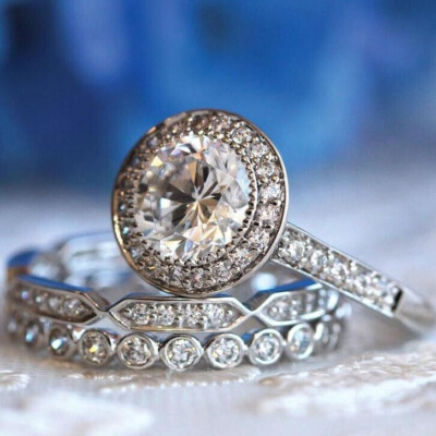 3. TCW Round Cut Moissanite Trio Set Engagement Ring 14K White Gold Size 7.5