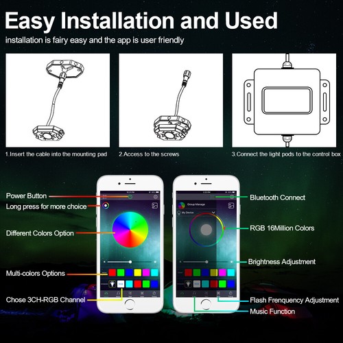 4 Pods RGB LED Rock Lights Wireless Bluetooth Control Underbody Music APP ATV - Picture 5 of 11