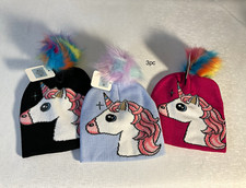 Girls 3pc Knit Unicorn Graphic Pom Pom Beanie Hats Multicolor One Size