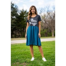 Upcycled Texas Home Graphic Dress One of a Kind Teal Blue Grey Midi Womens