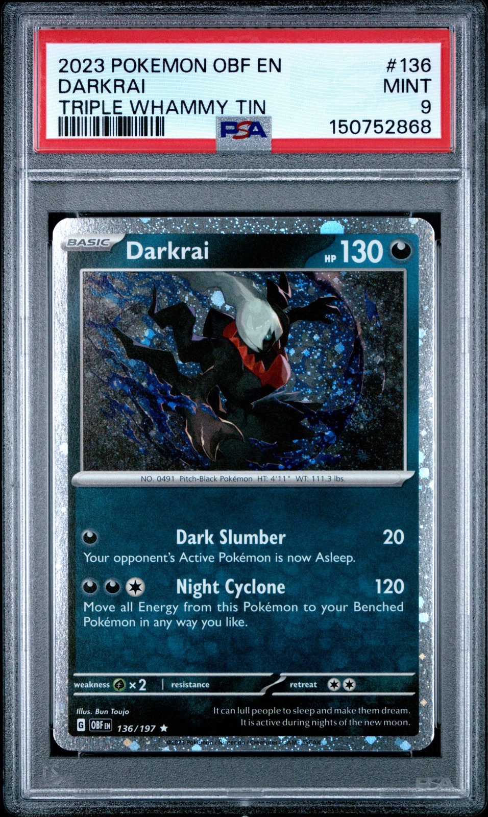 2023 POKEMON OBF EN-OBSIDIAN FLAMES TRIPLE WHAMMY TIN #136 DARKRAI PSA 9