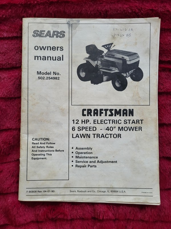 Original Owner’s Manual Sears 12 HP 6 Speed Lawn Tractor 40” Model 502.254982