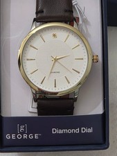 George Men Analog Watch In Box 44mm Rnd 2Tone Case PU Brown Strap Diamond On Dia